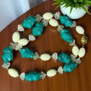 Vintage Beaded Faux Turquoise Bead White and Gold Necklace 30"